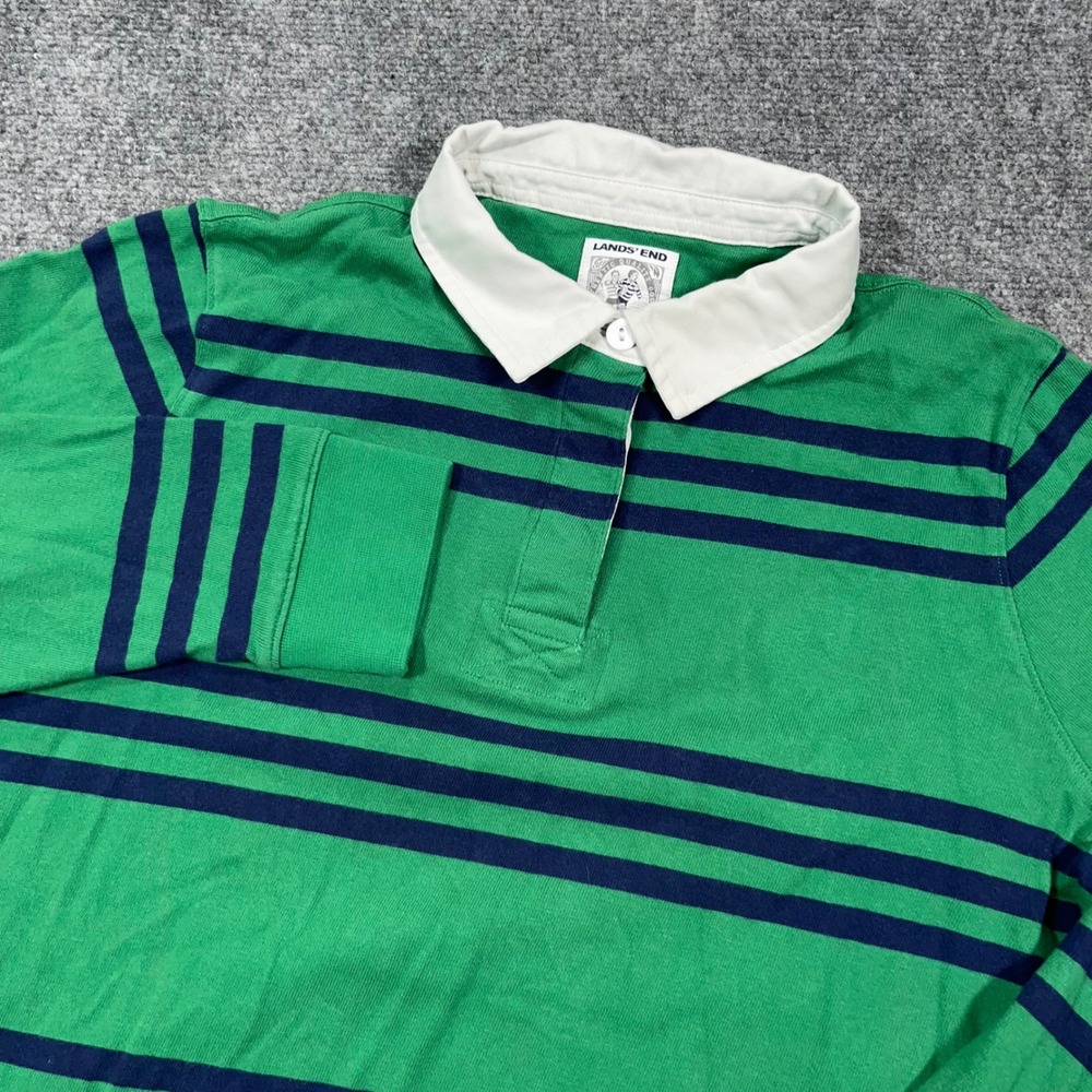 Lands' End Striped Rugby Shirt Boys L 14-16 Long Sleeve Cotton Green Preppy